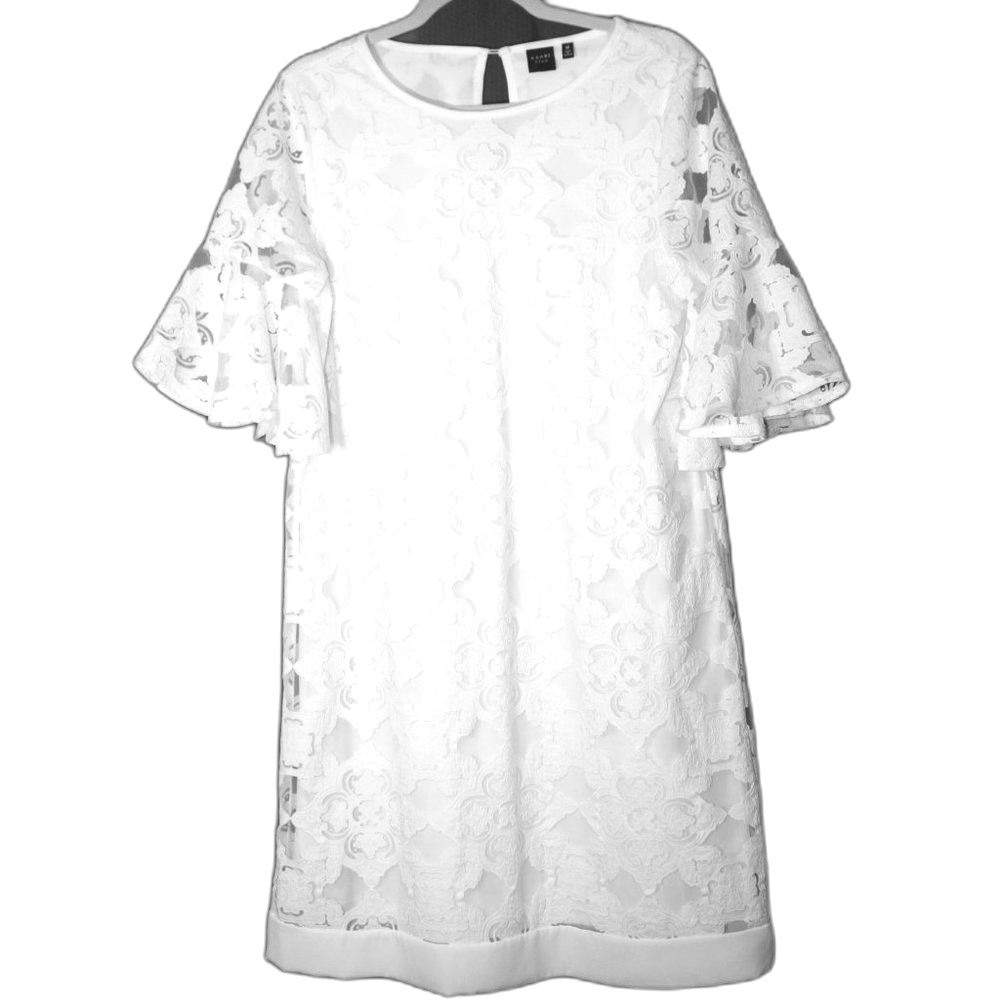 Kaari Blue white lace lined midi dress bell sleeve keyhole back‎ size  M